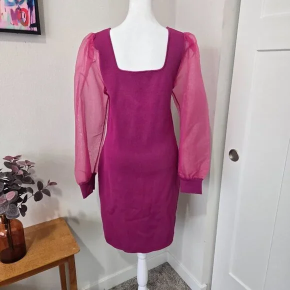 House of Harlow 1960 Fuchsia Bodycon Dress Sheer Sleeves Sz L - Picture 5 of 9